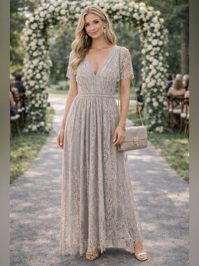 Gray Boho Lace Maxi Dress